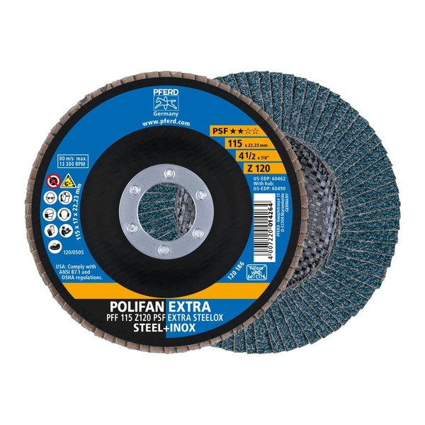 Pferd 4-1/2" x 7/8" A.H. POLIFAN® Flap Disc - Z PSF EXTRA STEELOX, Zirconia, 120 Grit, Flat 60462